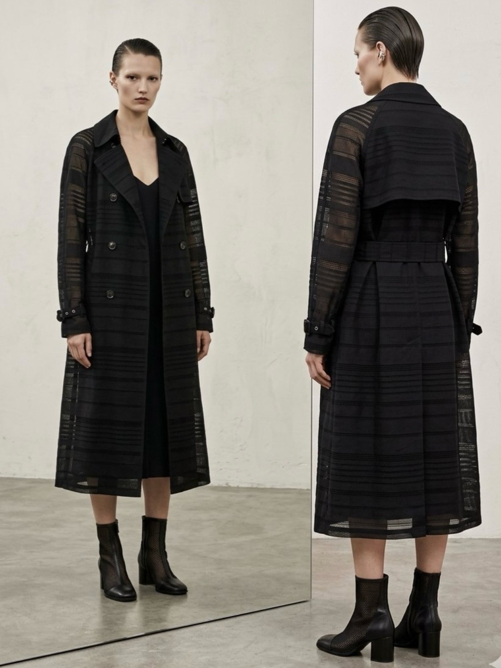 Urban Outfitters Womens Striped Mesh Trench Coat Black Grid Duster Jacket L